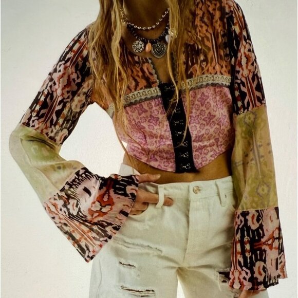 Free People XS Sheer Patchwork Long Bell Sleeve Boho Cropped Top Multicolor Hook - Picture 1 of 10